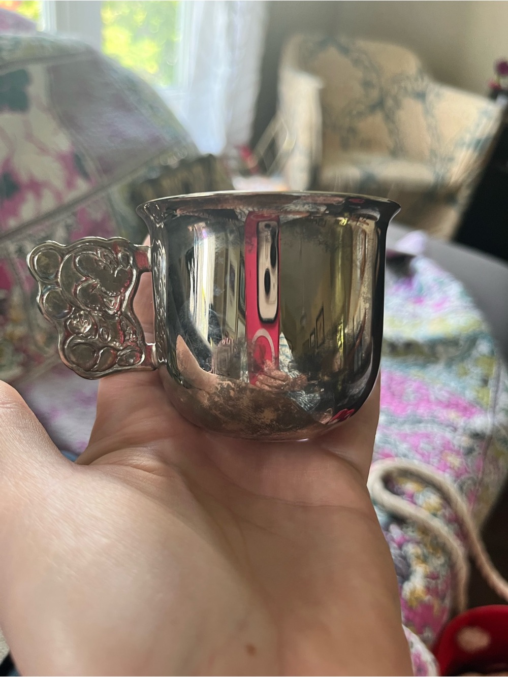 Vintage Silver-Plated Baby Mickey MouseCup with Ornate Handle